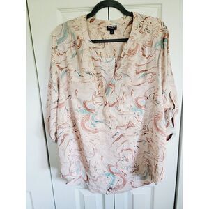 Torrid Harper 1‎ Shirt Top Roll Tab Sleeve Lightweight Peach Aqua Blouse 1X